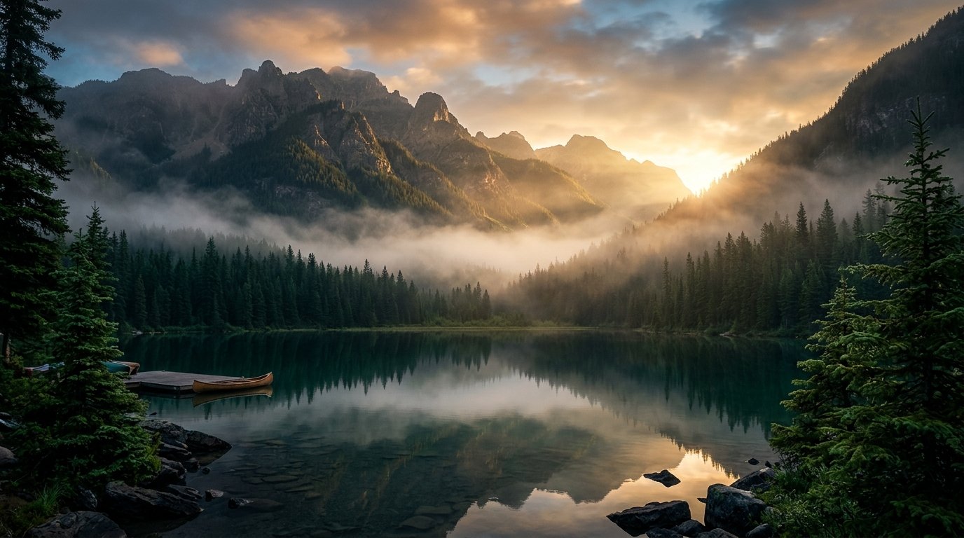 Amanecer cinematográfico sobre un lago alpino rodeado de densos bosques de coníferas y niebla